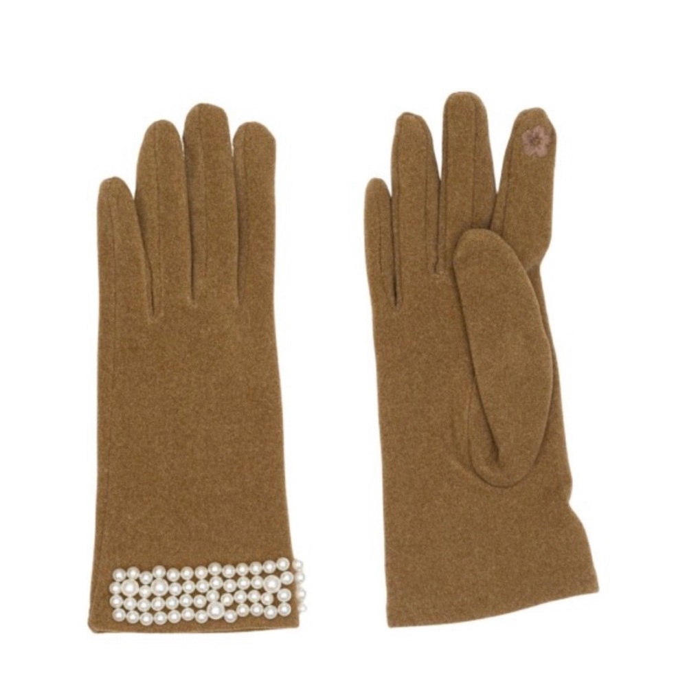 Solid Dark Tan Touch Screen Gloves With Pearl